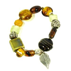Avon Art Glass Beaded Bracelet Stretch Amber Brown Black Feather Charm